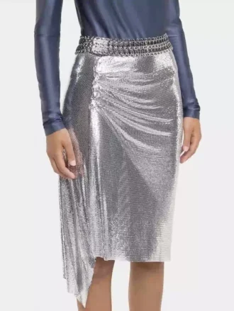Srebrna spódnica z drapowanym materiałem typu chainmail